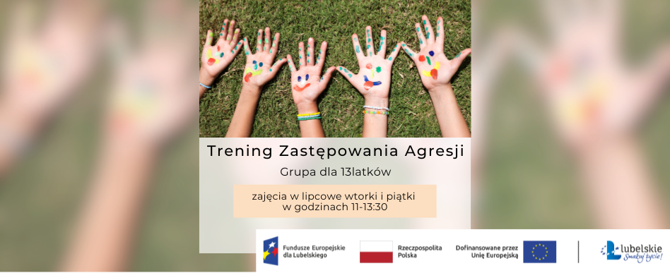 plakat promocyjny "trening zastępowania agresji" zdjęcie wyciągnięte ręce z namalowanymi wesołymi buziami