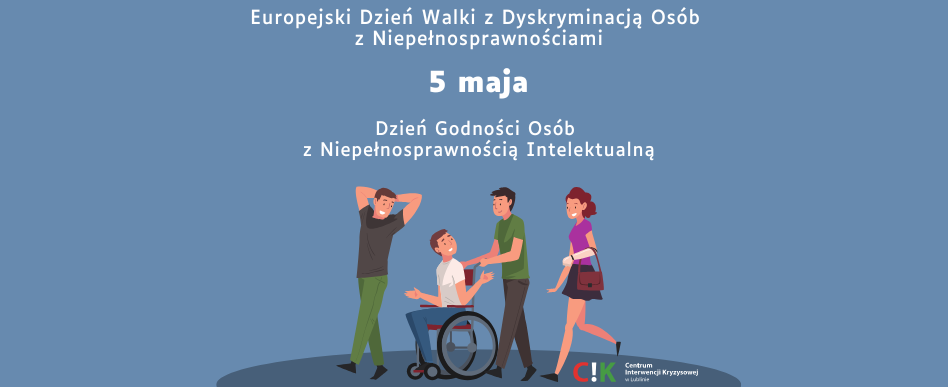 przedstawienie graficzne 4 osób, jedna z nich porusza się na wózku inwalidzkim