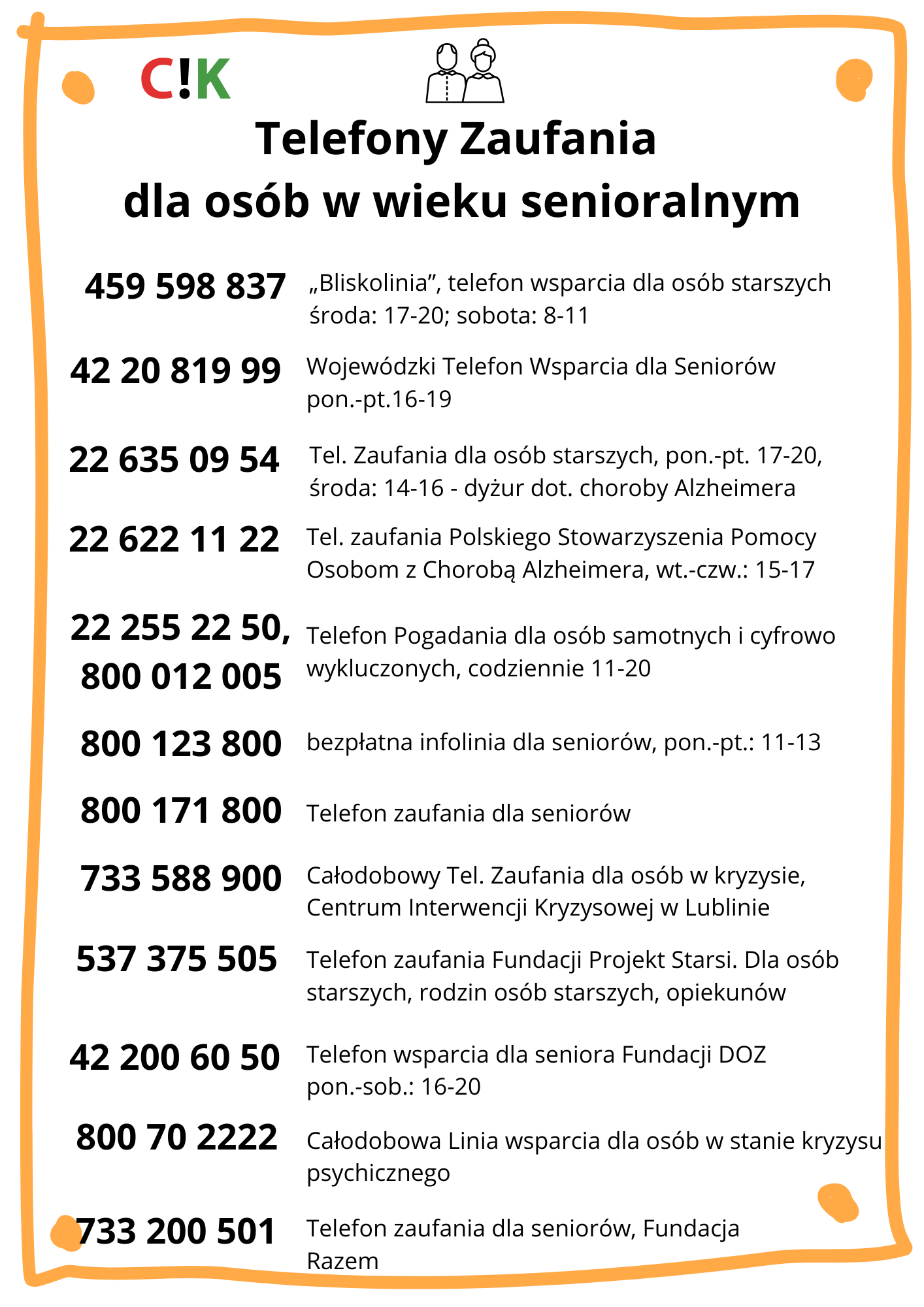 spis numerów telefonu zaufania dla seniorów, które zawiera wpis.