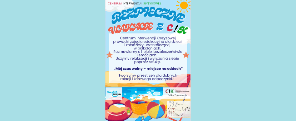 grafika promocyjna dotycząca akcji bezpieczne wakacje, treść we wpisie