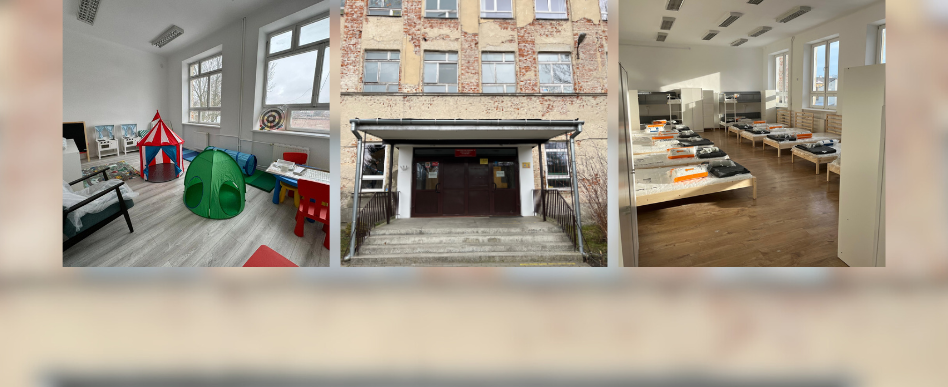 kolaż zdjęć budynku i wnętrz hostelu dla osób w kryzysie