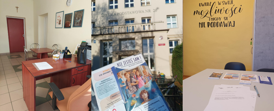 kolaż zdjęć sprzed budynku szkoły z widoczną ulotką CIK, wnętrze gabinetu psychologicznego