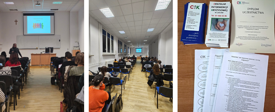 kolaż zdjęć: uczestnicy konferencji siedzący na krzesłach w sali, w tle ekran na którym wyświetlane są treści, materiały reklamowe i dyplomy leżące na stole