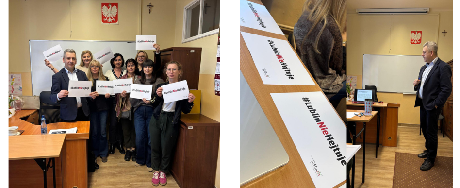kolaż zdjęć. wnętrze sali szkolnej, grupa prowadzących stoi obok siebie i pozuje do zdjęcia, trzymają kartki z napisem #LublinNieHejtuje
